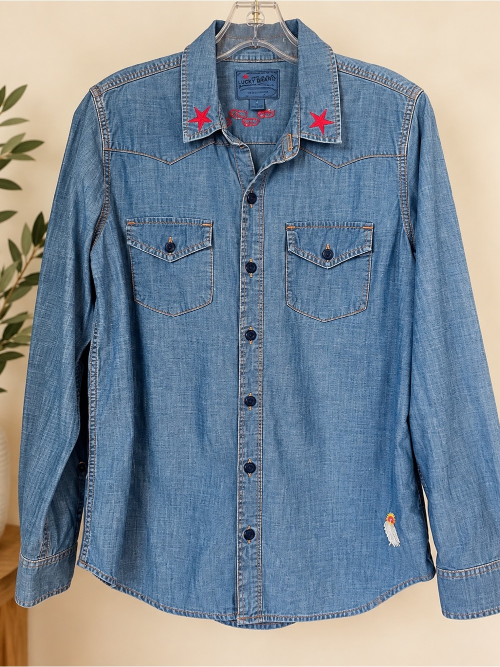 Lucky Brand True Indigo Denim Western Shirt Embroidered Palm Tree California M
